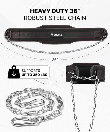 Dip Belt for Weight Lifting, Pullup, Squats & Dips - 36" Robust Steel Chain, Comfortable Neoprene Padding Supports 350Lbs - Gym Weight Belt for Strength Training Workout & Weightlifting